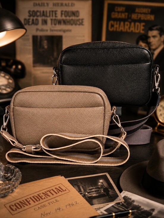 Handbags - Set of 2 Vegan Leather Camera Crossbody Bags Black & Taupe Adjustable Straps